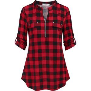 Women’s 3/4 Sleeve Plaid Zip-Front Floral Tunic Blouse